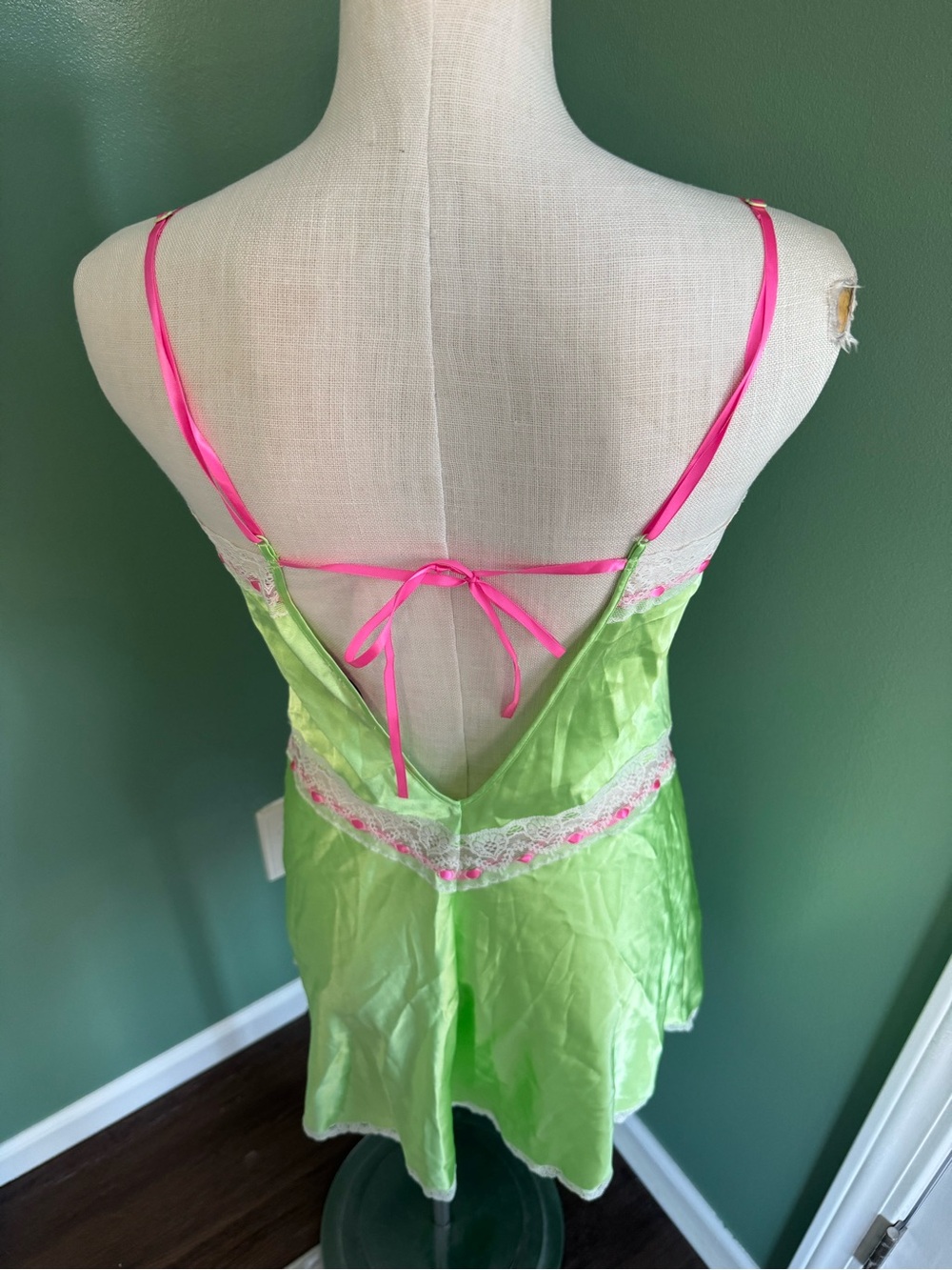 Betsey Johnson Silk-Feel Lime Green Lace Trim Slip Dress - Women's Intimates - Picture 9 of 11